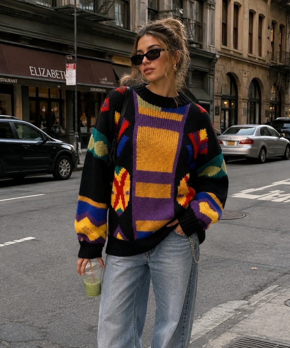 Vintage 80s 90s Giorgio Sappini Geometric Colorblock Wool Sweater Size M Y2K